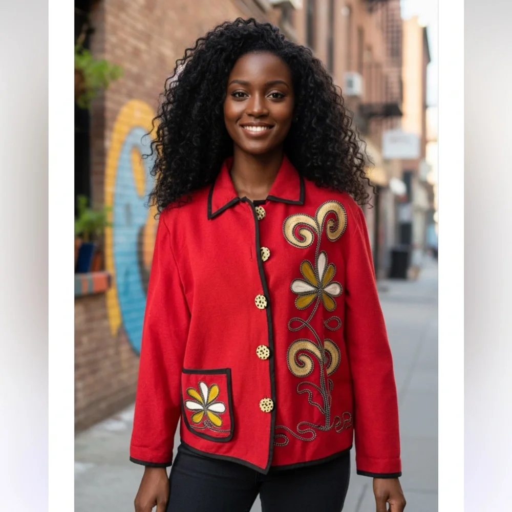 Vintage Indigo Moon Embroidered Red Floral Jacket - Picture 1 of 11